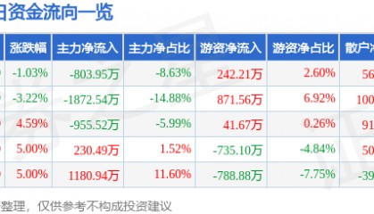 股票行情快报：*ST松发（603268）8月22日主力资金净卖出803.95万元
