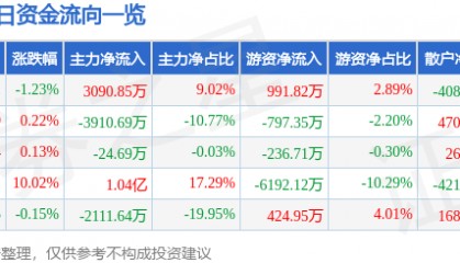 股票行情快报：泰嘉股份（002843）7月30日主力资金净买入3090.85万元