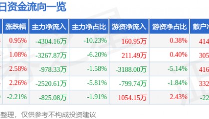 股票行情快报：泰嘉股份（002843）8月20日主力资金净卖出4304.16万元