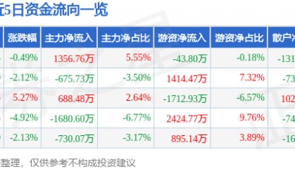 股票行情快报：星环科技（688031）8月13日主力资金净买入1356.76万元