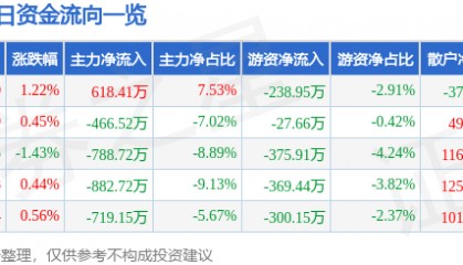 股票行情快报：海鸥股份（603269）6月12日主力资金净买入618.41万元