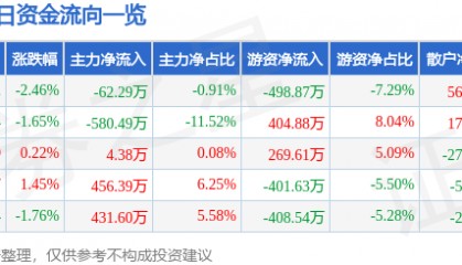 股票行情快报：海鸥股份（603269）6月19日主力资金净卖出62.29万元