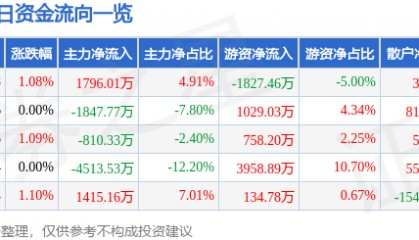 股票行情快报：绿地控股（600606）9月11日主力资金净买入1796.01万元
