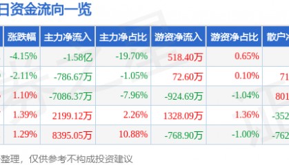 股票行情快报：泰嘉股份（002843）8月27日主力资金净卖出1.58亿元