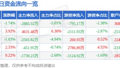 股票行情快报：彤程新材（603650）9月2日主力资金净卖出2885.52万元