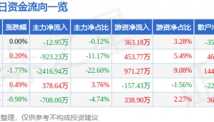 股票行情快报：海鸥股份（603269）7月31日主力资金净卖出12.95万元