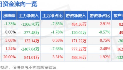股票行情快报：*ST新元（300472）8月12日主力资金净卖出1306.70万元