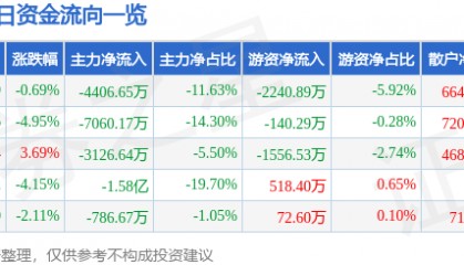 股票行情快报：泰嘉股份（002843）9月1日主力资金净卖出4406.65万元