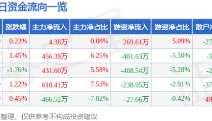 股票行情快报：海鸥股份（603269）6月17日主力资金净买入4.38万元