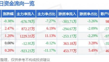股票行情快报：海鸥股份（603269）8月5日主力资金净卖出676.78万元