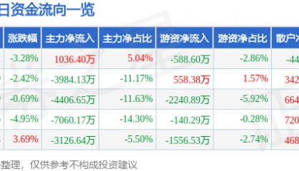 股票行情快报：泰嘉股份（002843）9月3日主力资金净买入1036.40万元