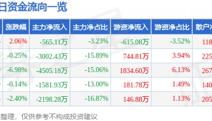 股票行情快报：泰嘉股份（002843）7月8日主力资金净卖出565.11万元