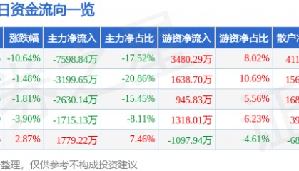 中创环保（300056）10月9日主力资金净卖出7598.84万元