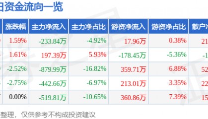 股票行情快报：*ST新元（300472）6月10日主力资金净卖出233.84万元