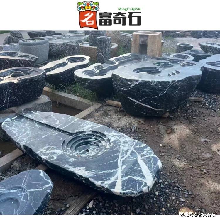 云南邵通黑山石假山堆叠工艺 邵通天然黑山石纹路如何 邵通黑山石水钵设计