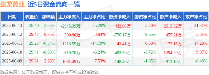 股票行情快报:盘龙药业(002864)6月13日主力资金净卖出2945.39万元